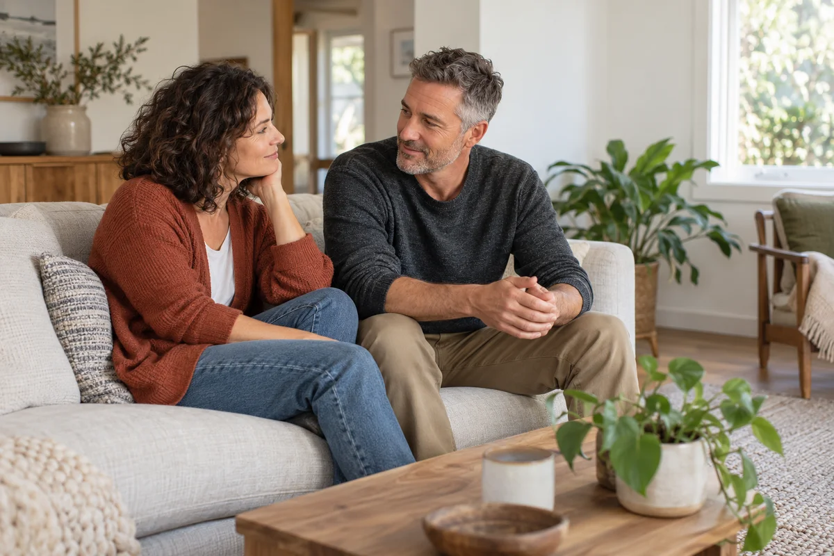 An illustrative couple taking time for a quiet conversation at home
